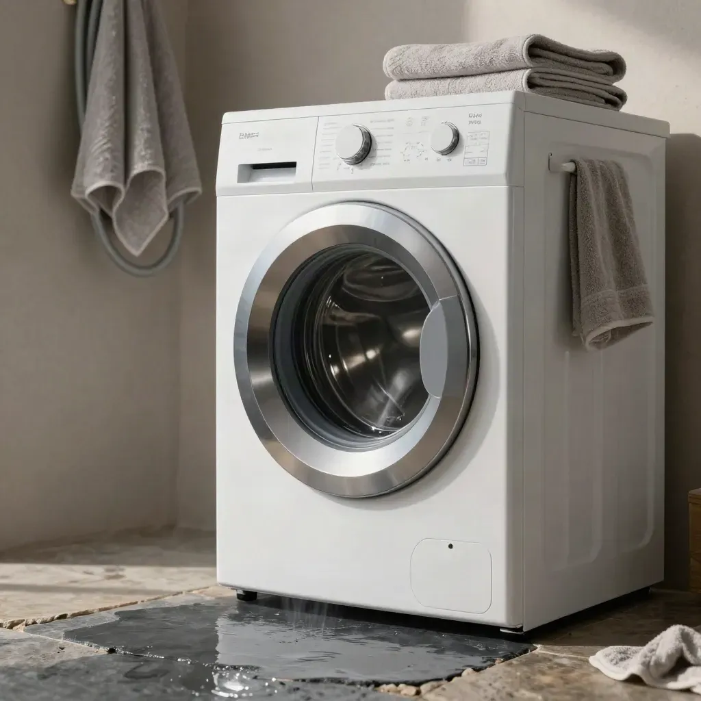 Witte voorlader-wasmachine op natte steen met mist en koel randlicht.