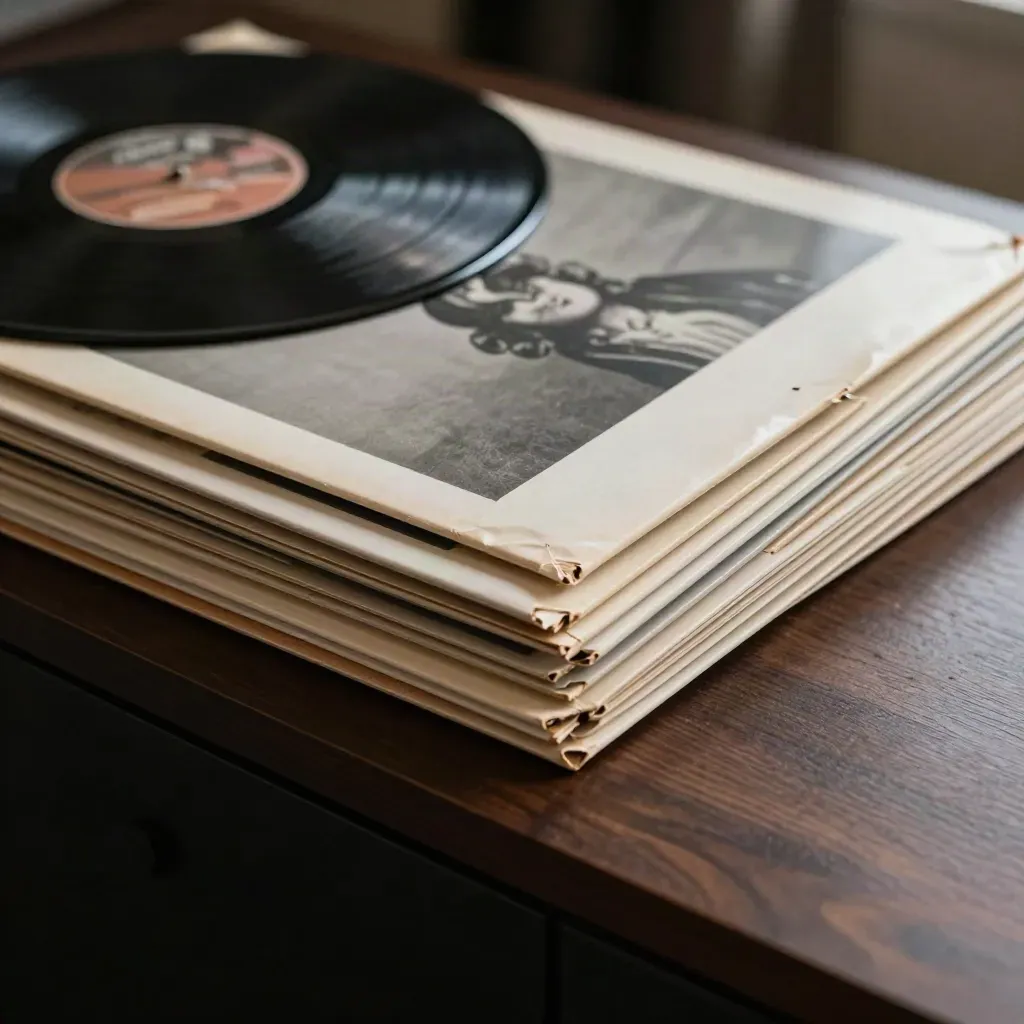 Schuin van boven een waaier van vintage lp-hoezen en platen op een donker blad.