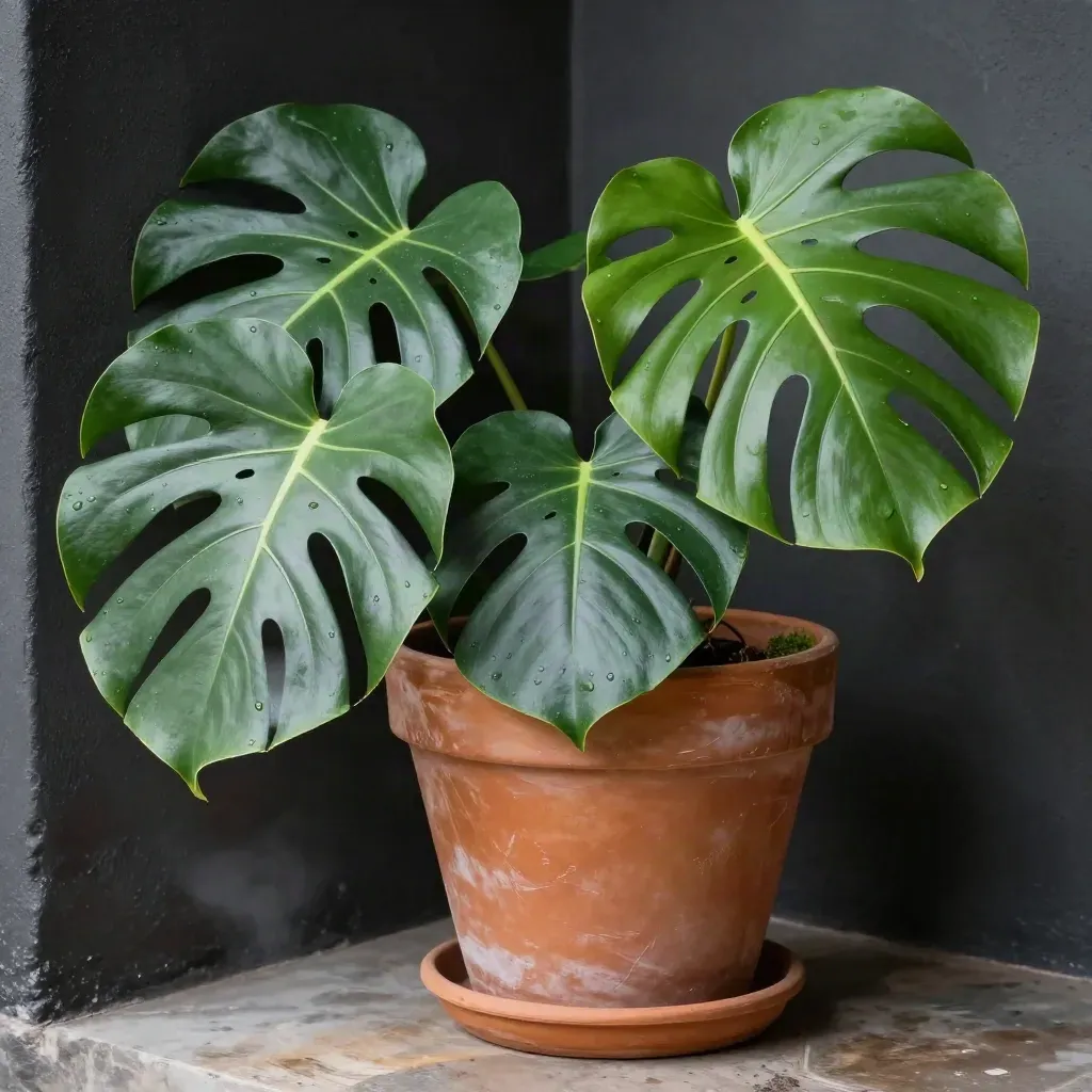 Grote monstera in terracotta pot in donkere nis, met glanzende bladeren en vochtige nevel.